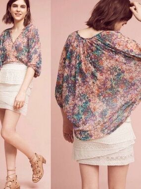 Anthropologie Sheer Floral Button-Front Blouse - Teal, Purple, Rust
